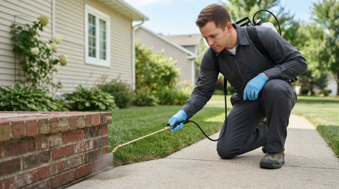 Pest control technician treating a home near University Park, IL