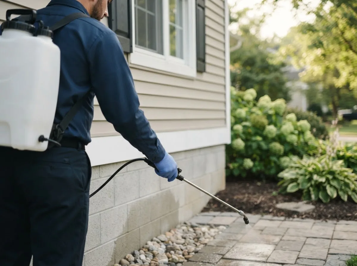 Pest control technician inspecting a home in University Park, IL